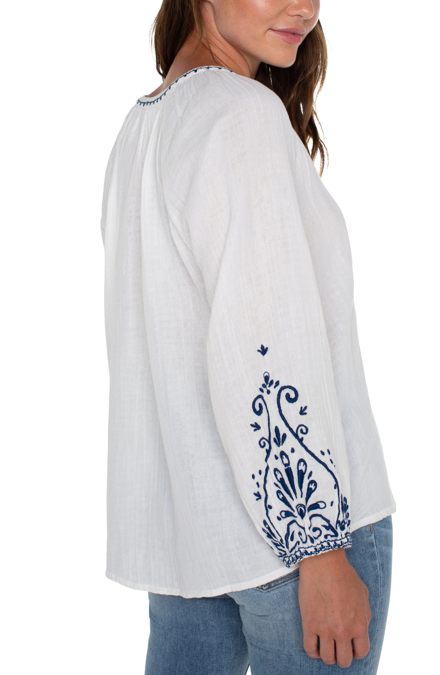Liverpool Long Sleeve Embroidered Double Gauze Woven Top (Off White Blue Embroider)