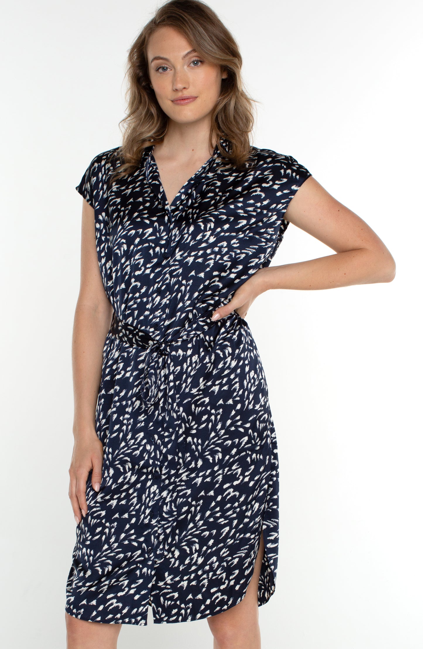 Liverpool Collared Front Dress w/Dolman Sleeve & Removeable Belt (Navy Multi)