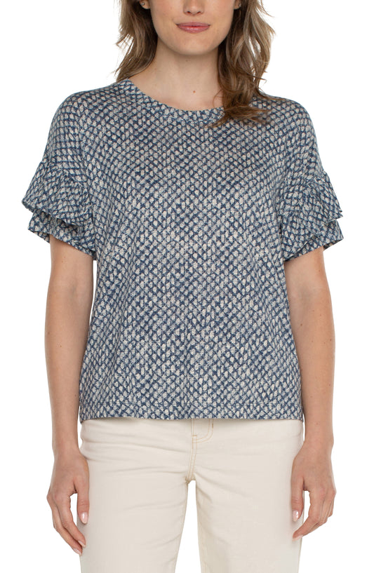 Liverpool One-Half Sleeve Drop Shoulder with Ruffle Crew Neck Knit (Navy Text Dots)