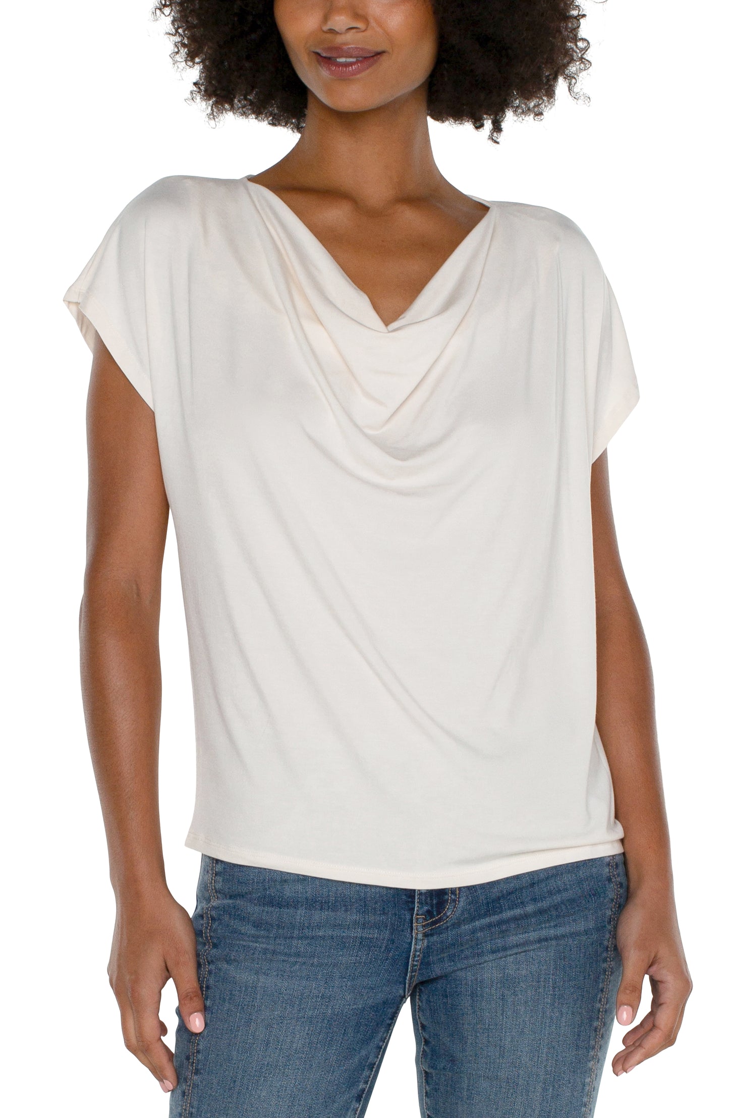 Liverpool Short Sleeve Draped Cowl Neck Knit Top (French Cream)