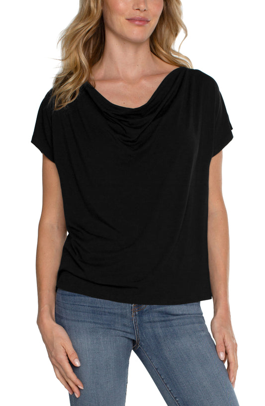 Liverpool Short Sleeve Draped Cowl Neck Knit Top (Black)