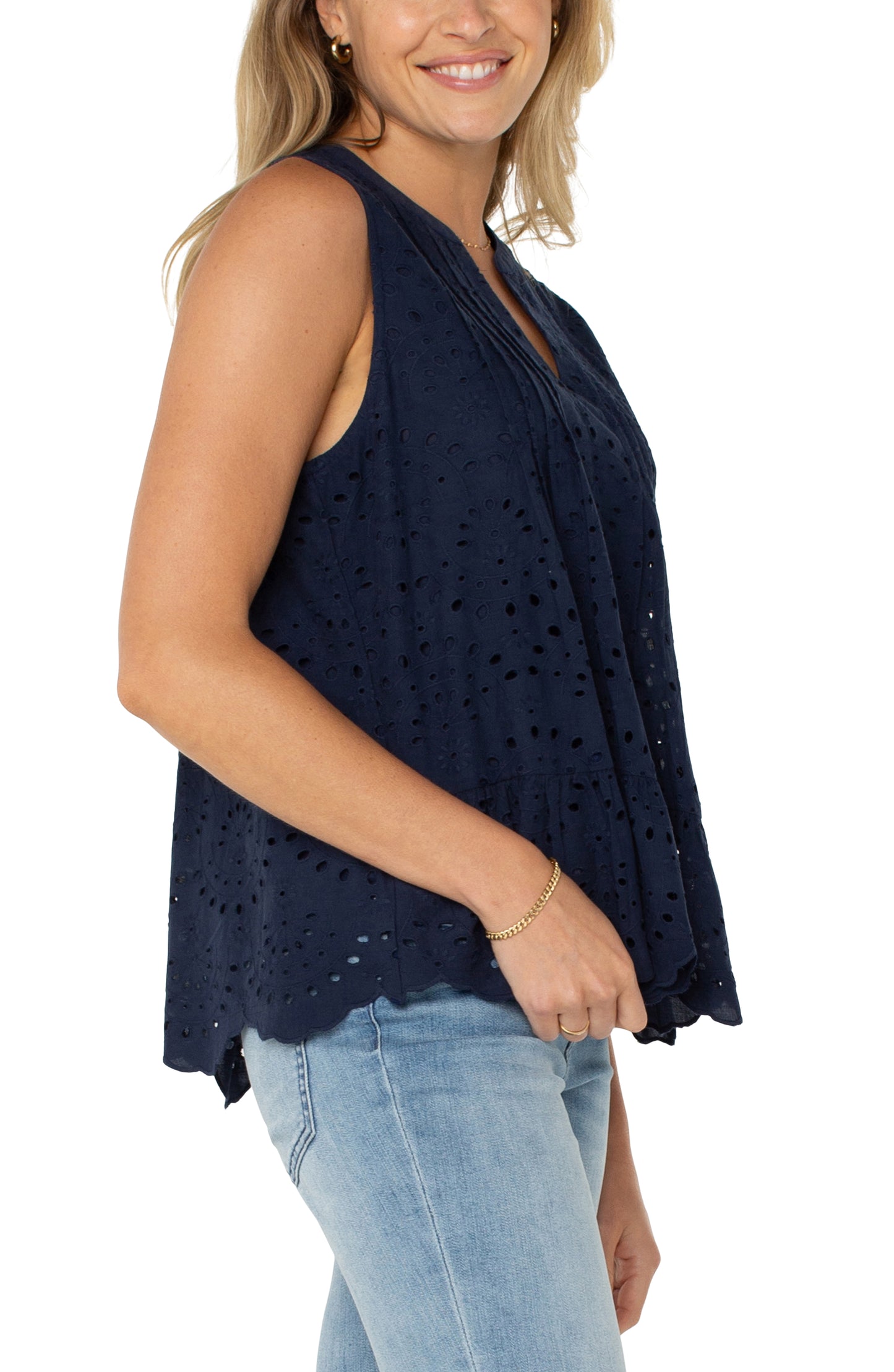 Liverpool Sleeveless Pintuck Woven Top (Navy)
