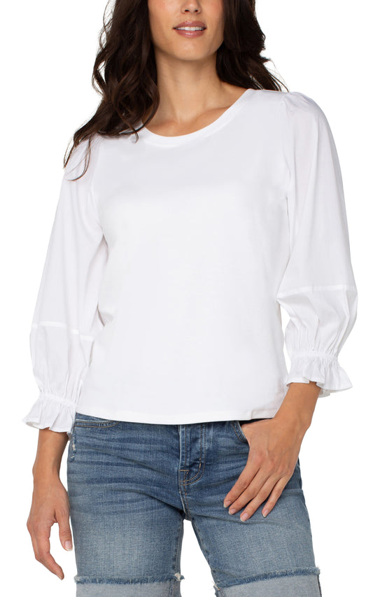 Liverpool 3/4 Blouson Sleeve Knit Woven Top (White/Cream)