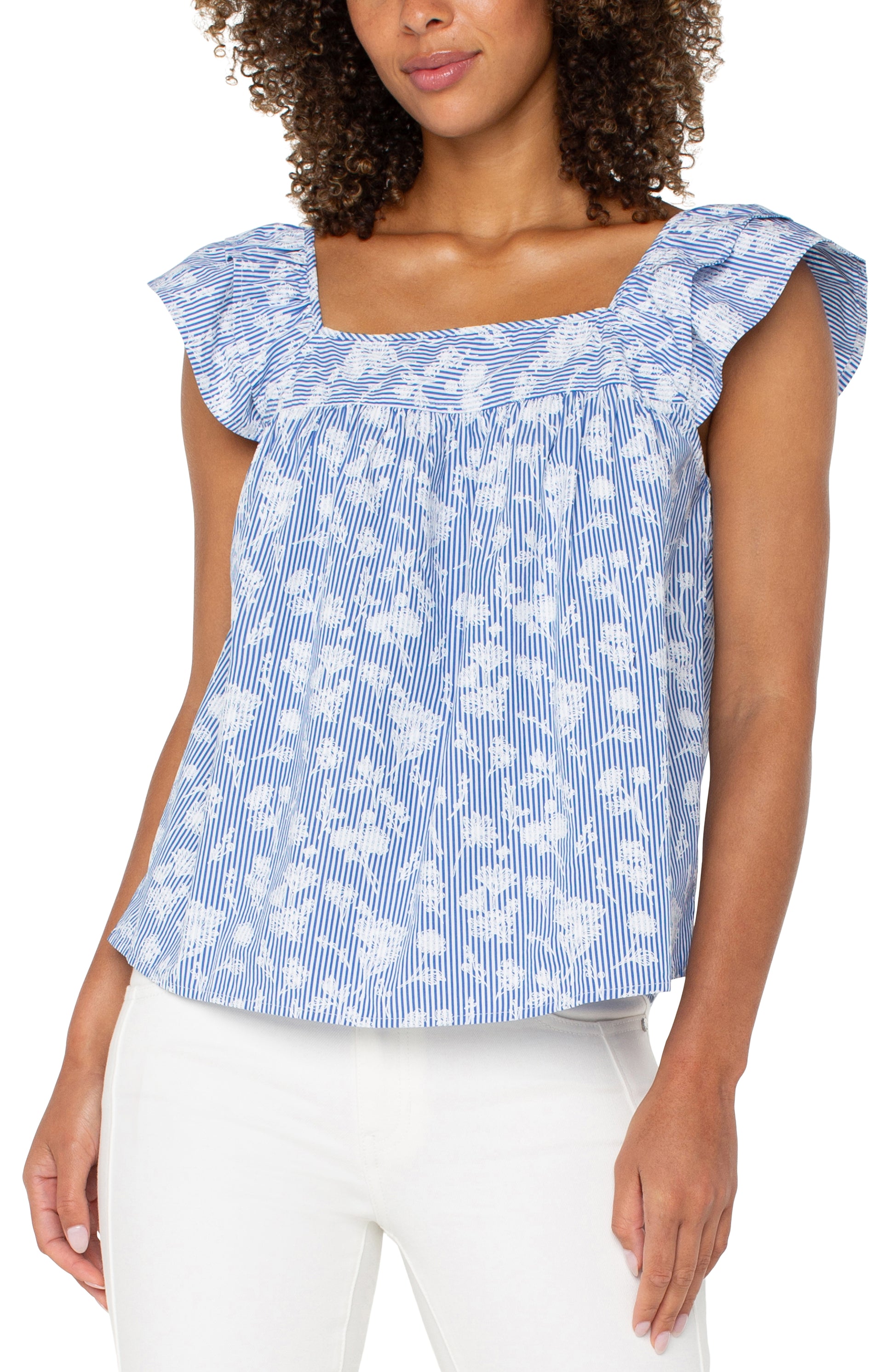 Liverpool Short Sleeve Square Neck Woven Blouse Front Arms Down