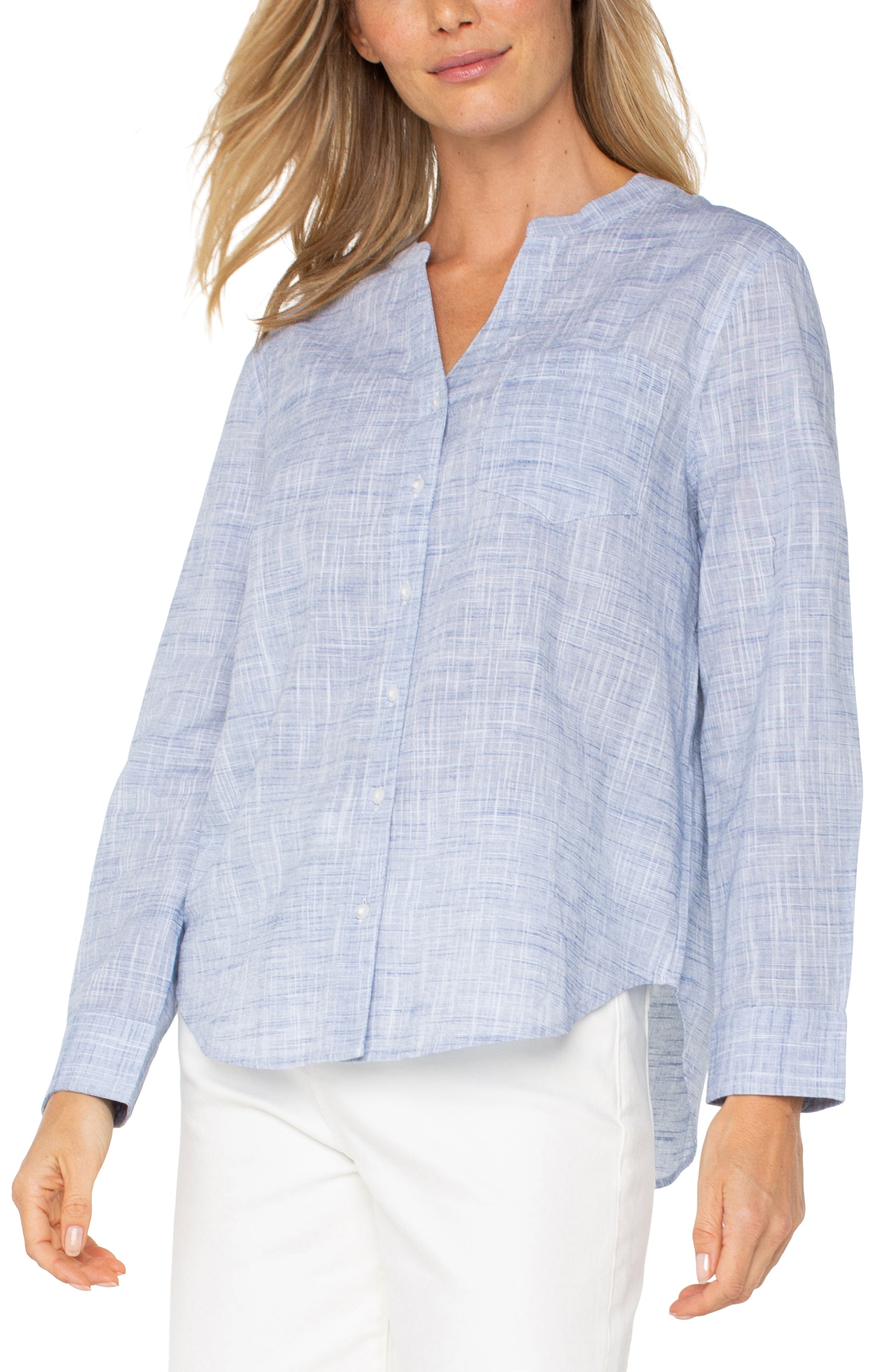Liverpool Long Sleeve Button Front Woven Shirt w/ Banded Collar Front Close UP