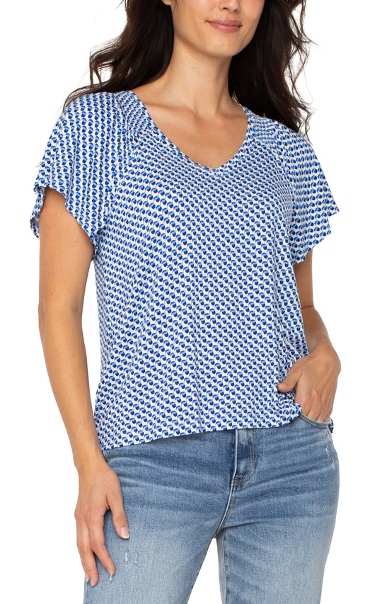 Liverpool Short Flutter Sleeve V Neck Knit Top (Blue Geo)