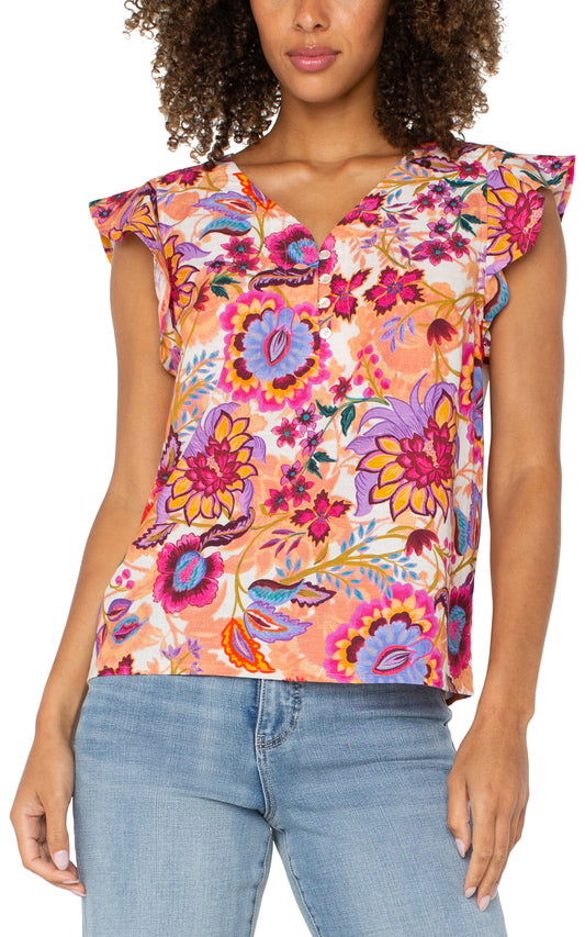 Liverpool Flutter Sleeve Button Front Woven Blouse (Floral Multi)