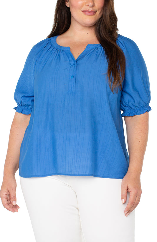 Liverpool Short Sleeve Half Placket Woven Blouse (Plus)(Cobalt)