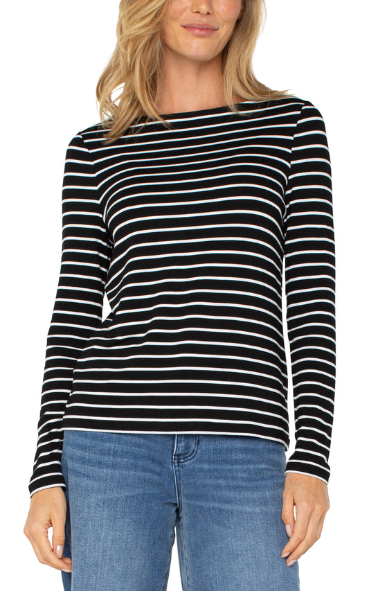 Liverpool Long Sleeve Boat Neck Knit Top (Black with White Stripe)
