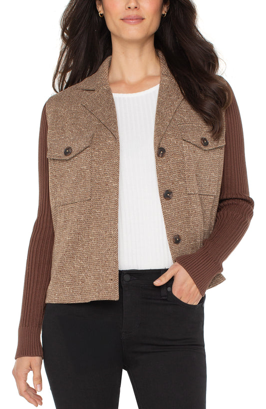 Liverpool Shacket with Sweater Sleeves (Brown Camel Herringbone)