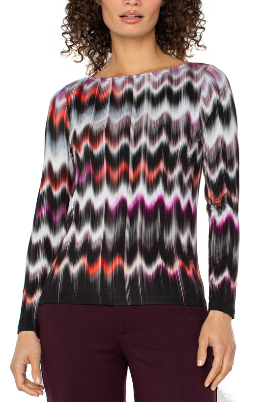 Liverpool Long Sleeve Boat Neck Knit Top (Multi Wavy Stripe)
