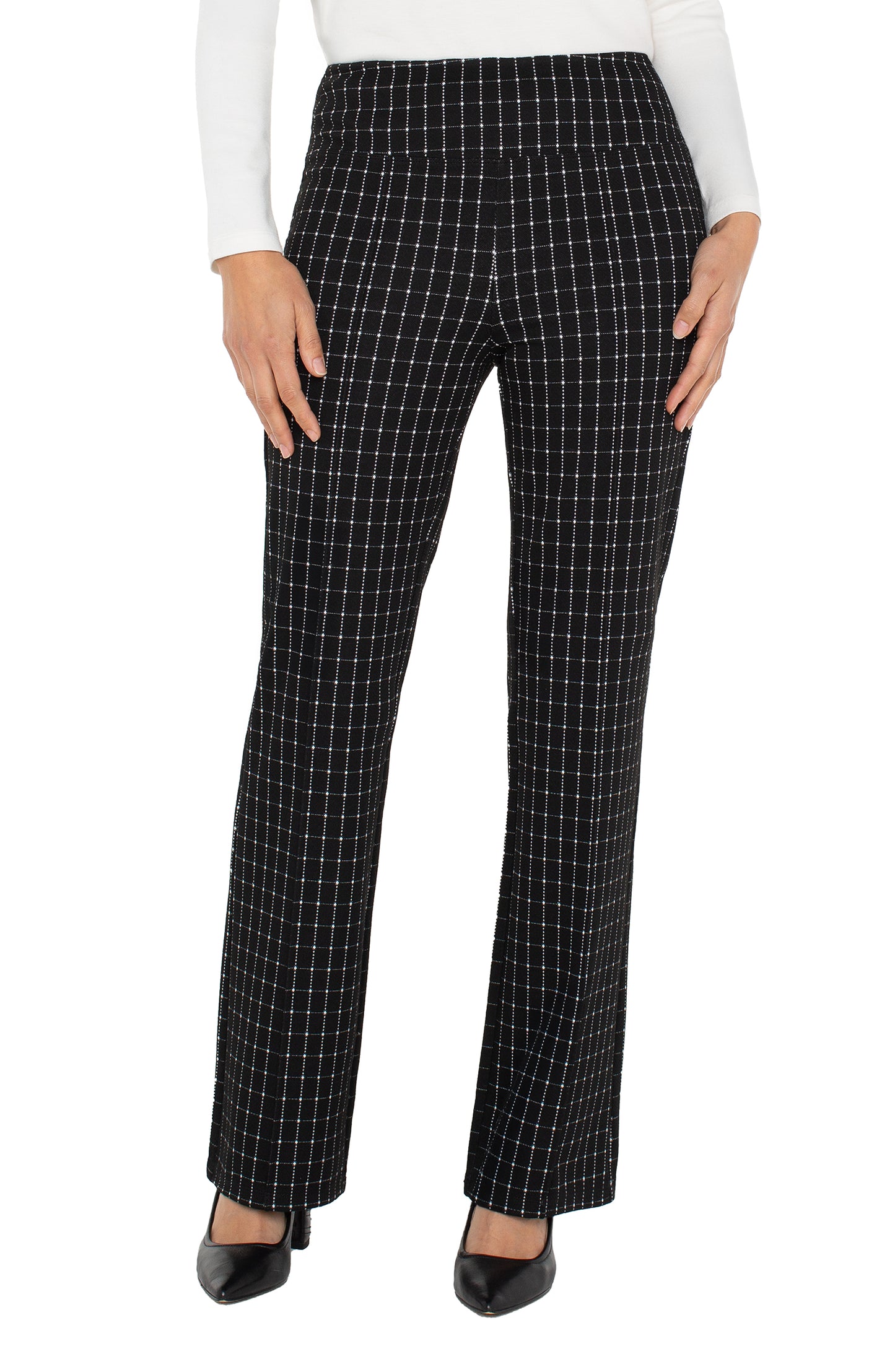 Liverpool Pearl Full Length Flare with Pintucks (31" inseam) (Black White Windowpane Check)