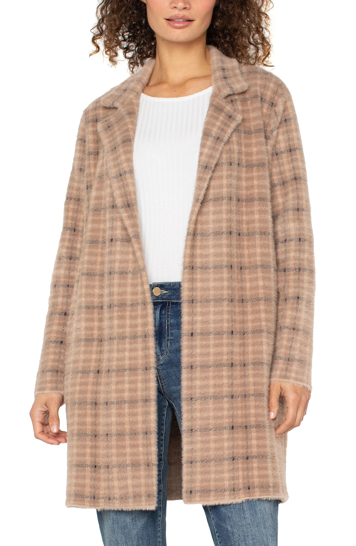 Liverpool Open Front Coatigan Sweater (Camel Cream Plaid)