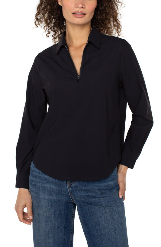 Liverpool Long Sleeve Collared Zip Front Knit Shirt (Black)