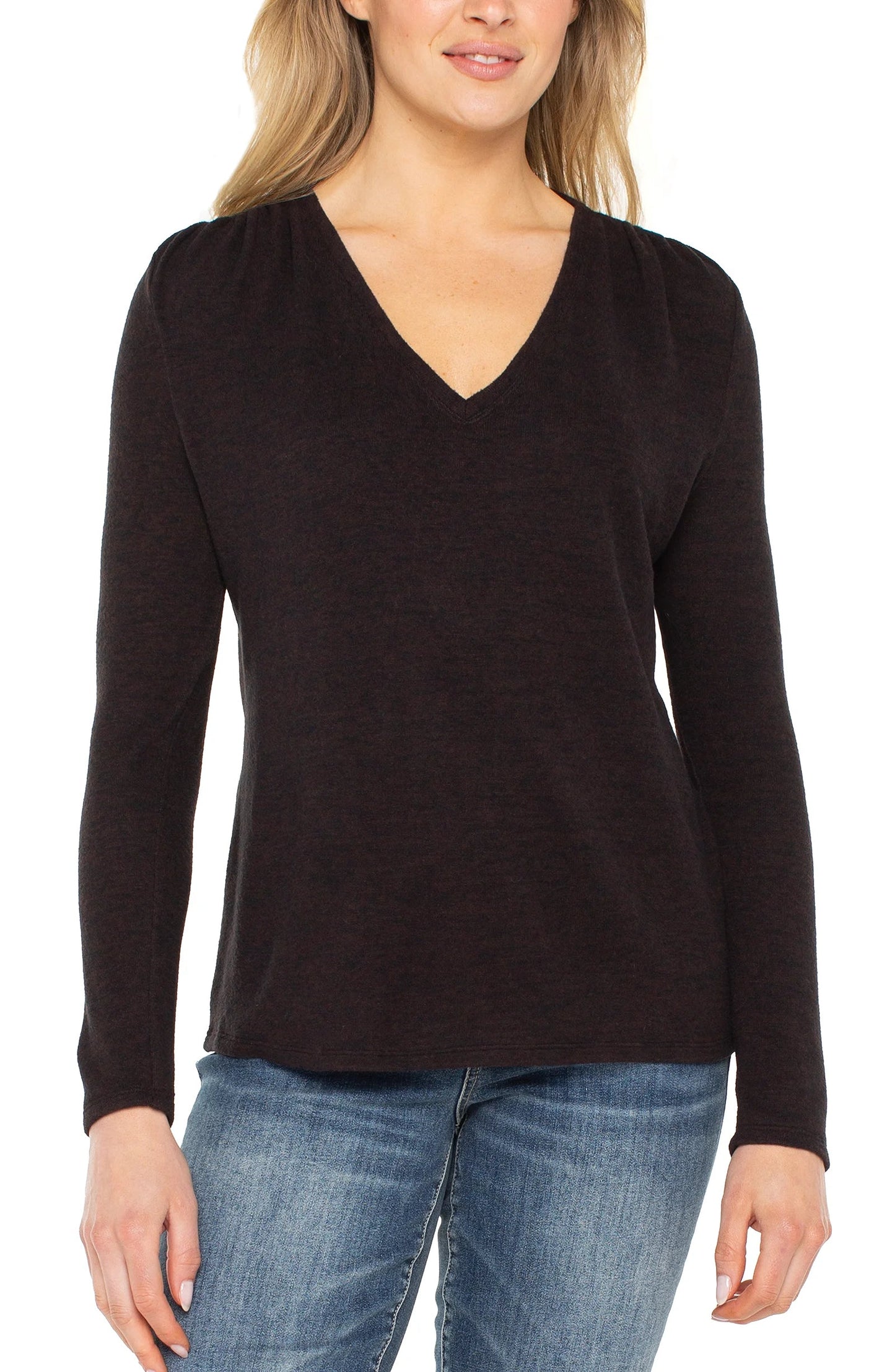 Liverpool Long Sleeve V-neck Knit Top with Shirring (Java Melange)