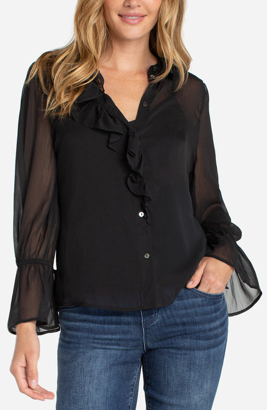 Liverpool Long Sleeve Ruffle Front Woven Shirt (Black)