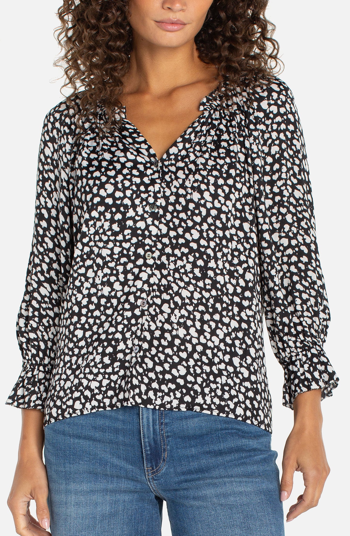 Liverpool 3/4 Sleeve Button Front Woven Top W/ Ruffle Details