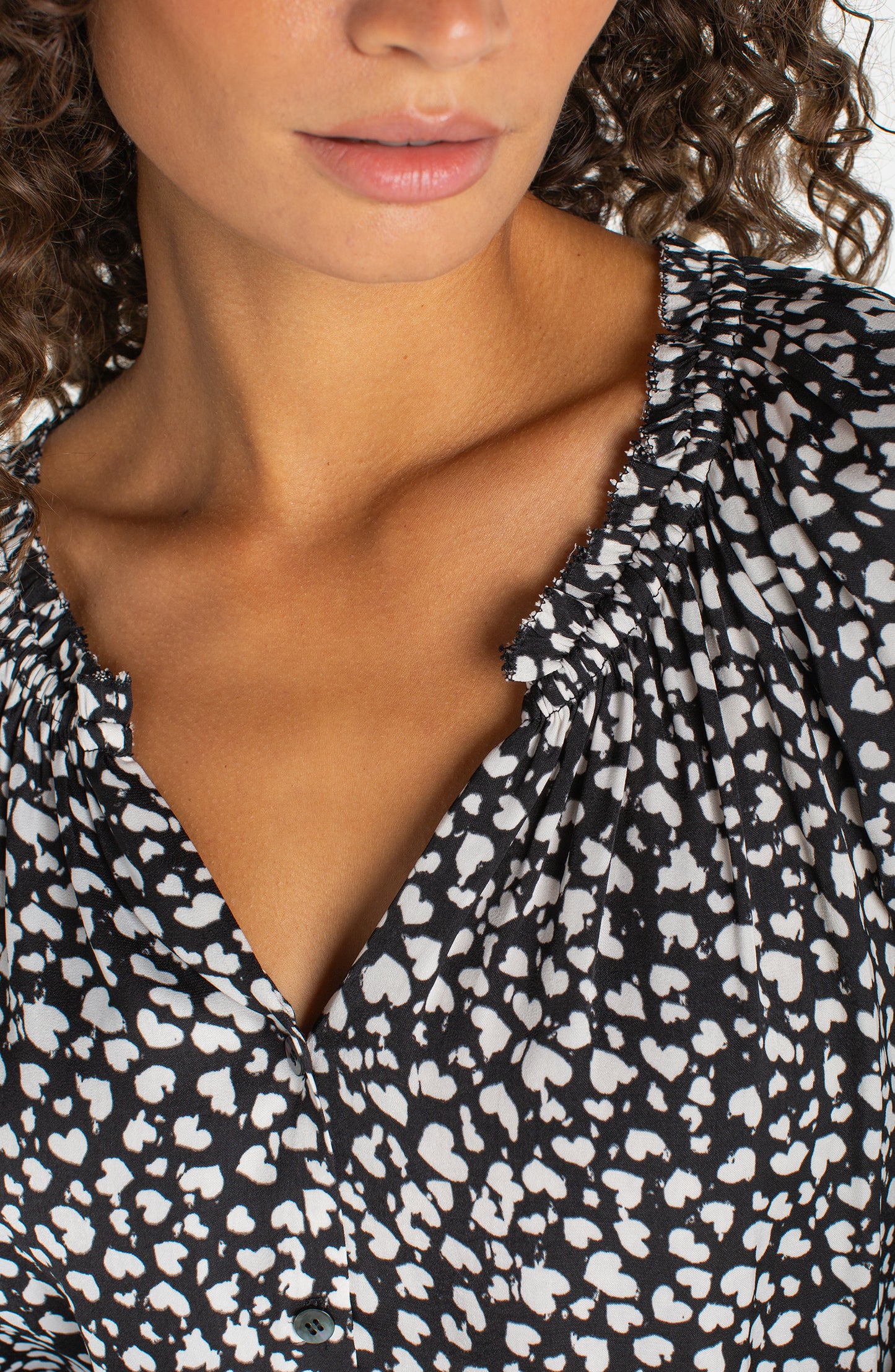 Liverpool 3/4 Sleeve Button Front Woven Top W/ Ruffle Details