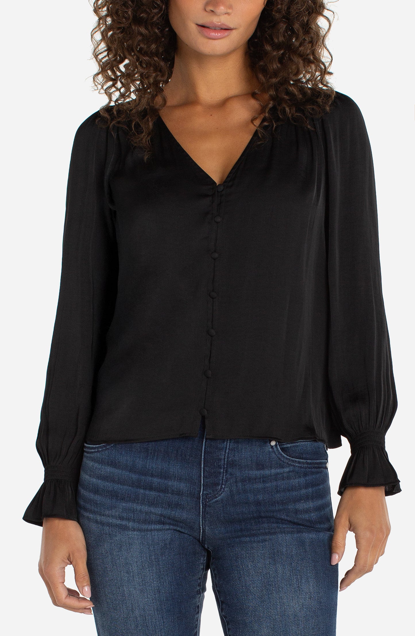 Liverpool Long Sleeve Button Front Woven Top W/ Smocking