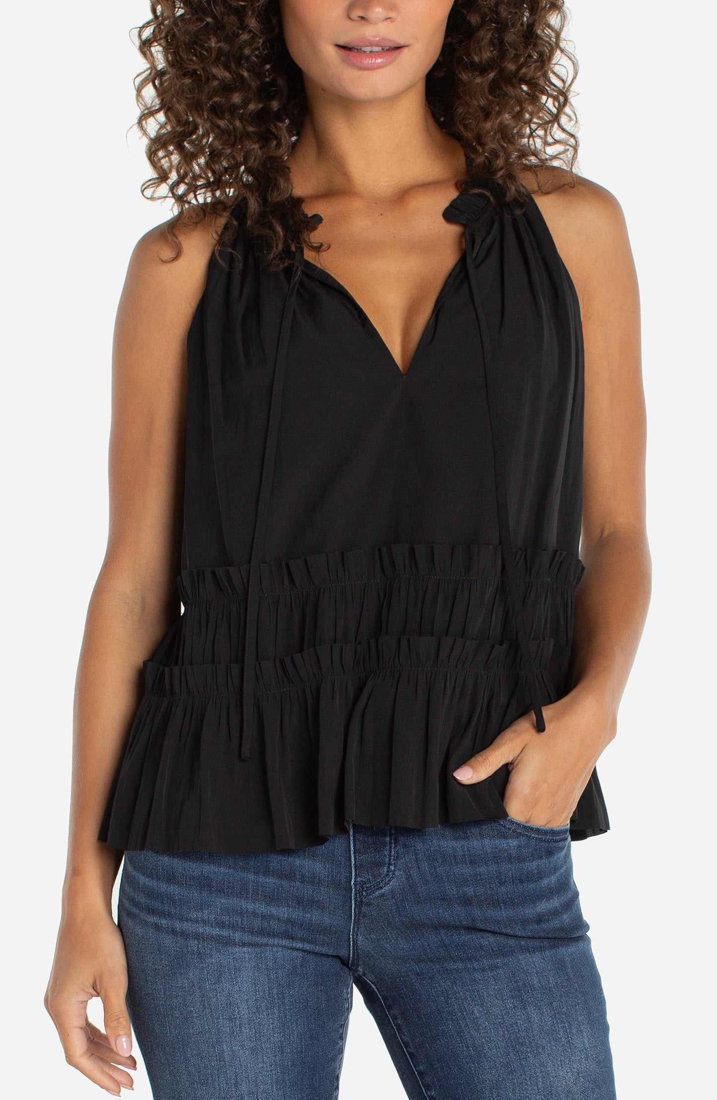 Liverpool Sleeveless Woven Top W/ Ruffles