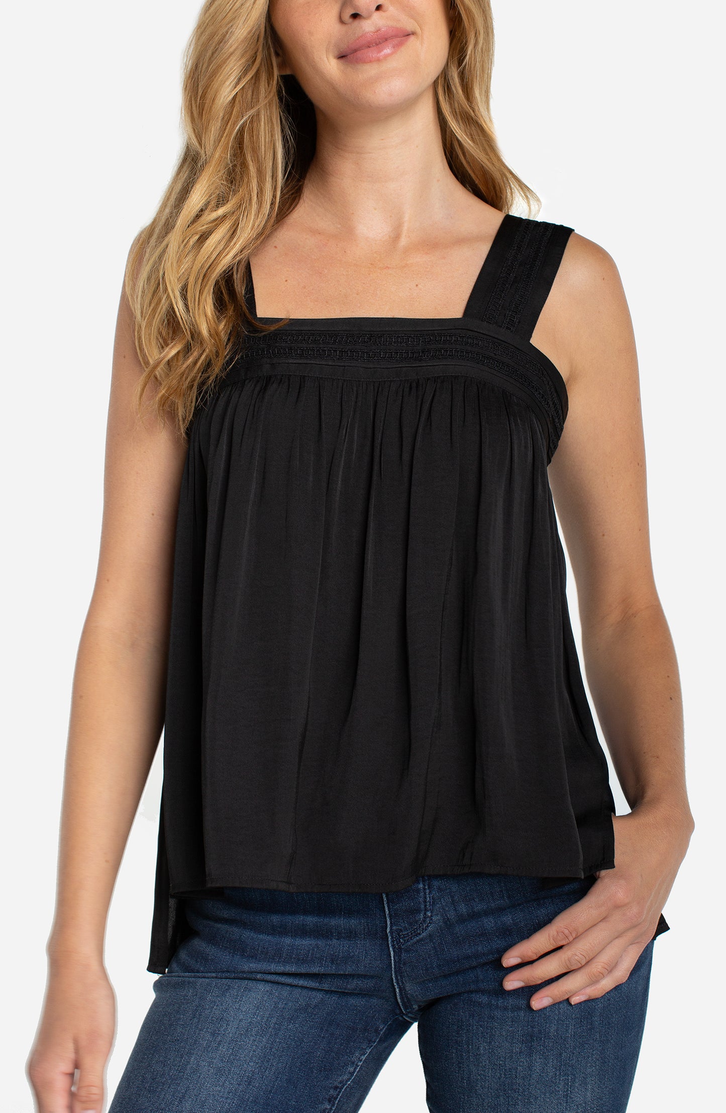 Liverpool Sleeveless Woven Top W/ Pintuck Straps