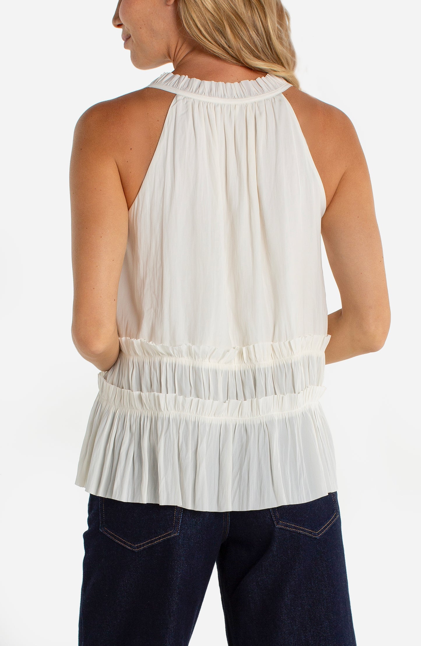 Liverpool Sleeveless Woven Top W/ Ruffles (Whipped Cream)