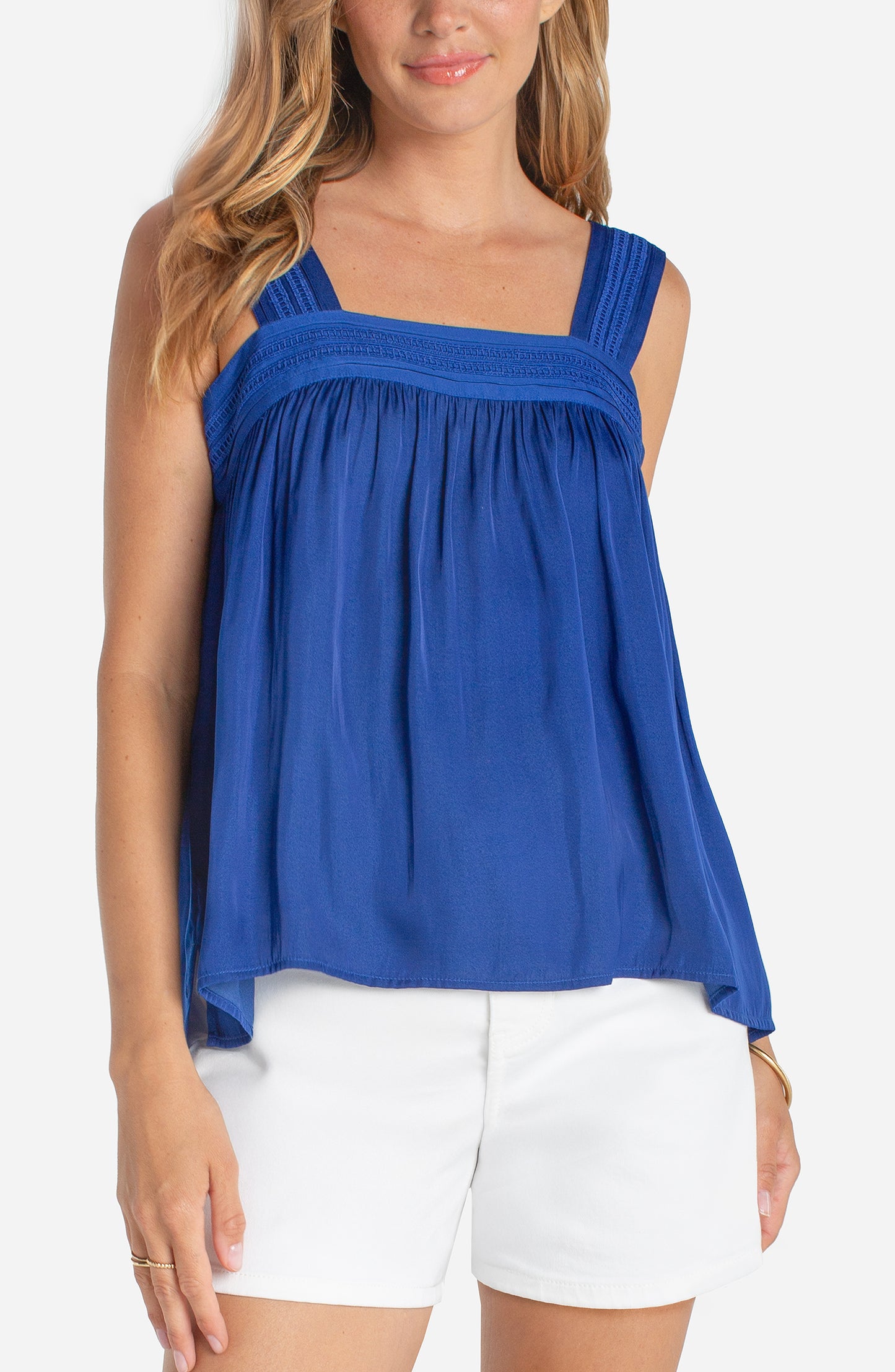 Liverpool Sleeveless Woven Top W/ Pintuck Straps (Blue)