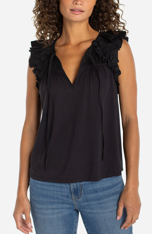 Liverpool Flutter Sleeve Knit-To-Woven Top W/ Ties
