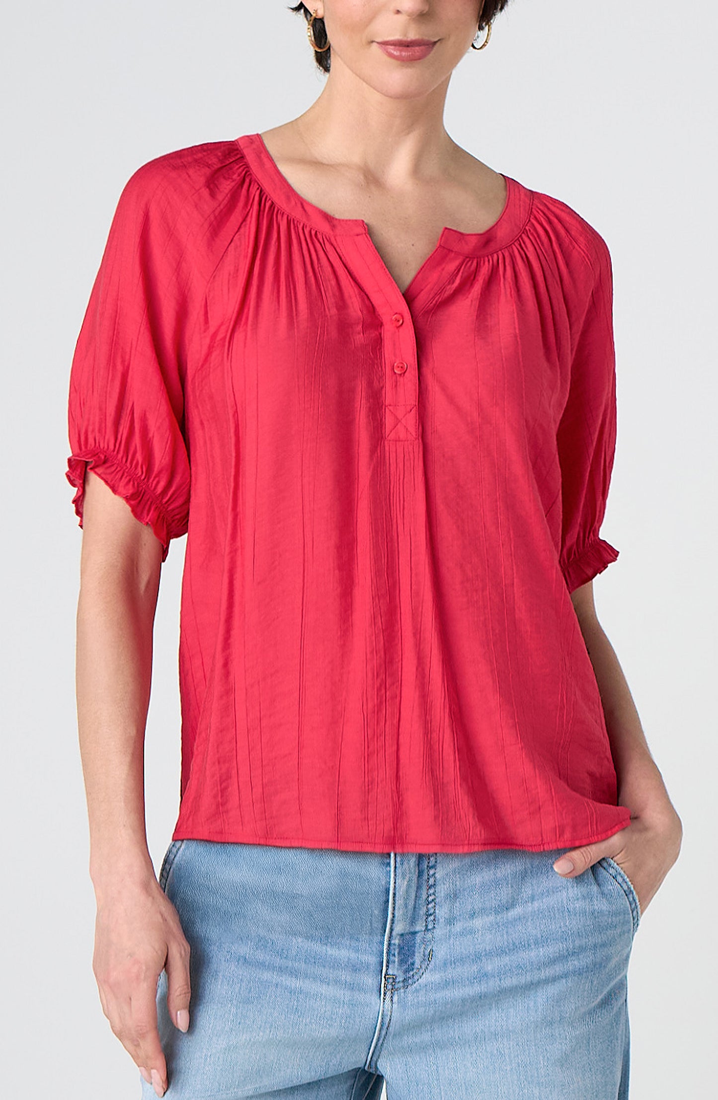 Liverpool Short Sleeve Half Placket Woven Blouse (Cherry Rose)