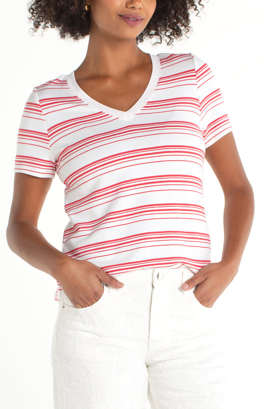Liverpool Short Sleeve V-Neck Knit Tee (White/Cherry Rose Stripe)
