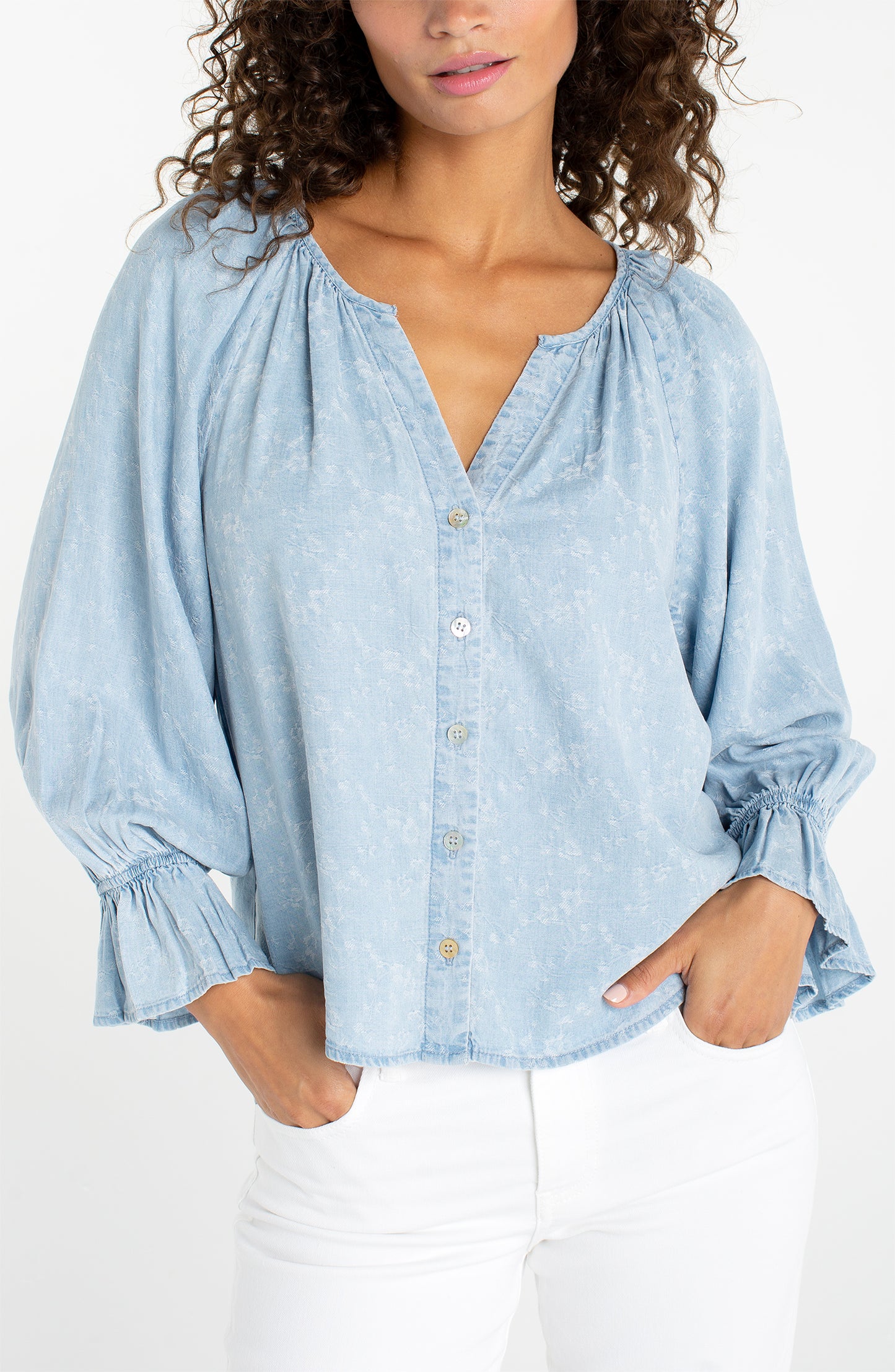 Liverpool 3/4 Sleeve Button Front Shirred Woven Top