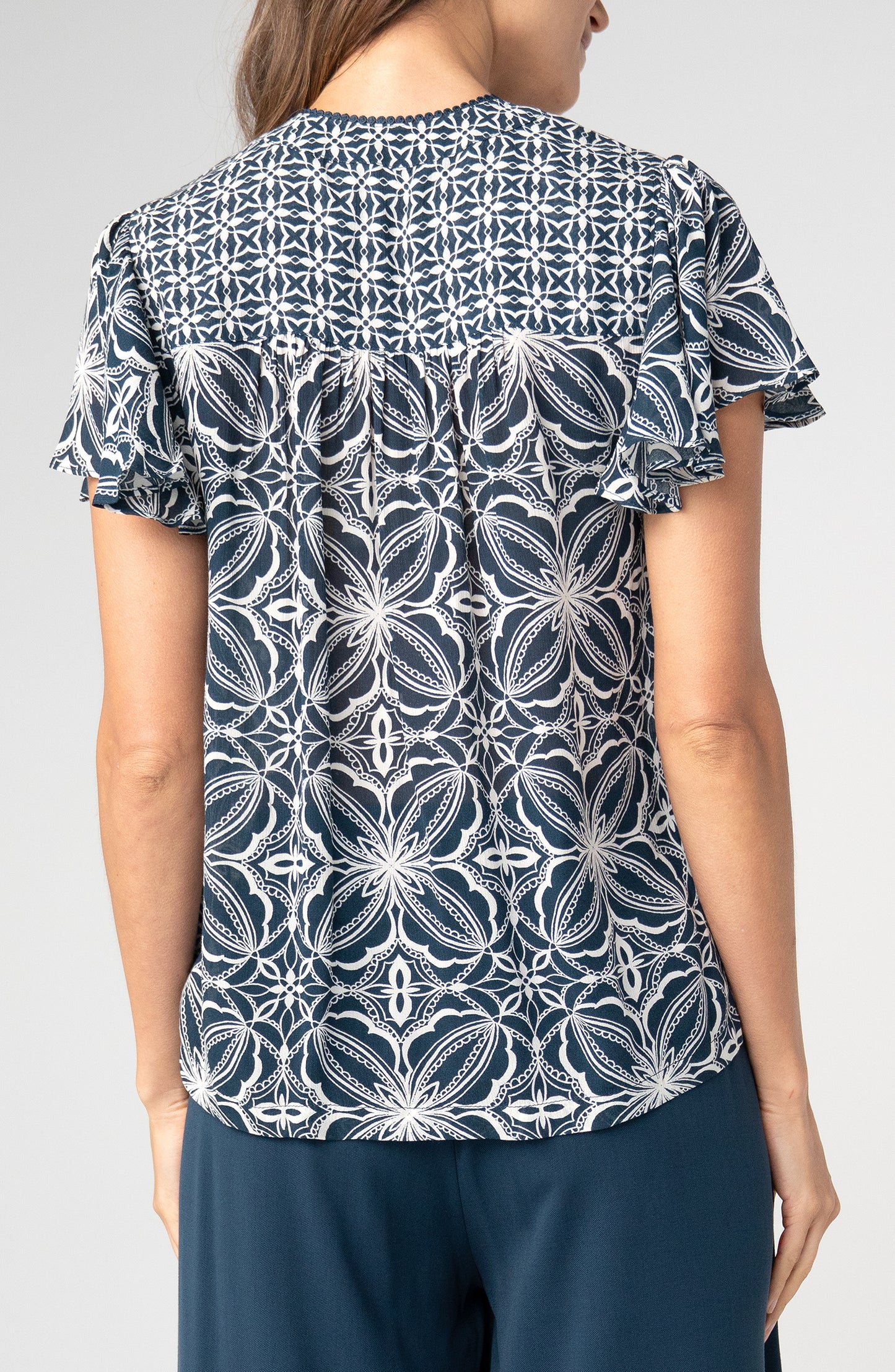 Liverpool Flutter Sleeve Mix Print Button Front Woven Top