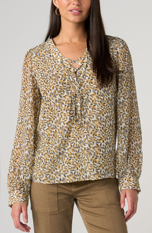 Liverpool Long Sleeve Lace Up Front Woven Blouse