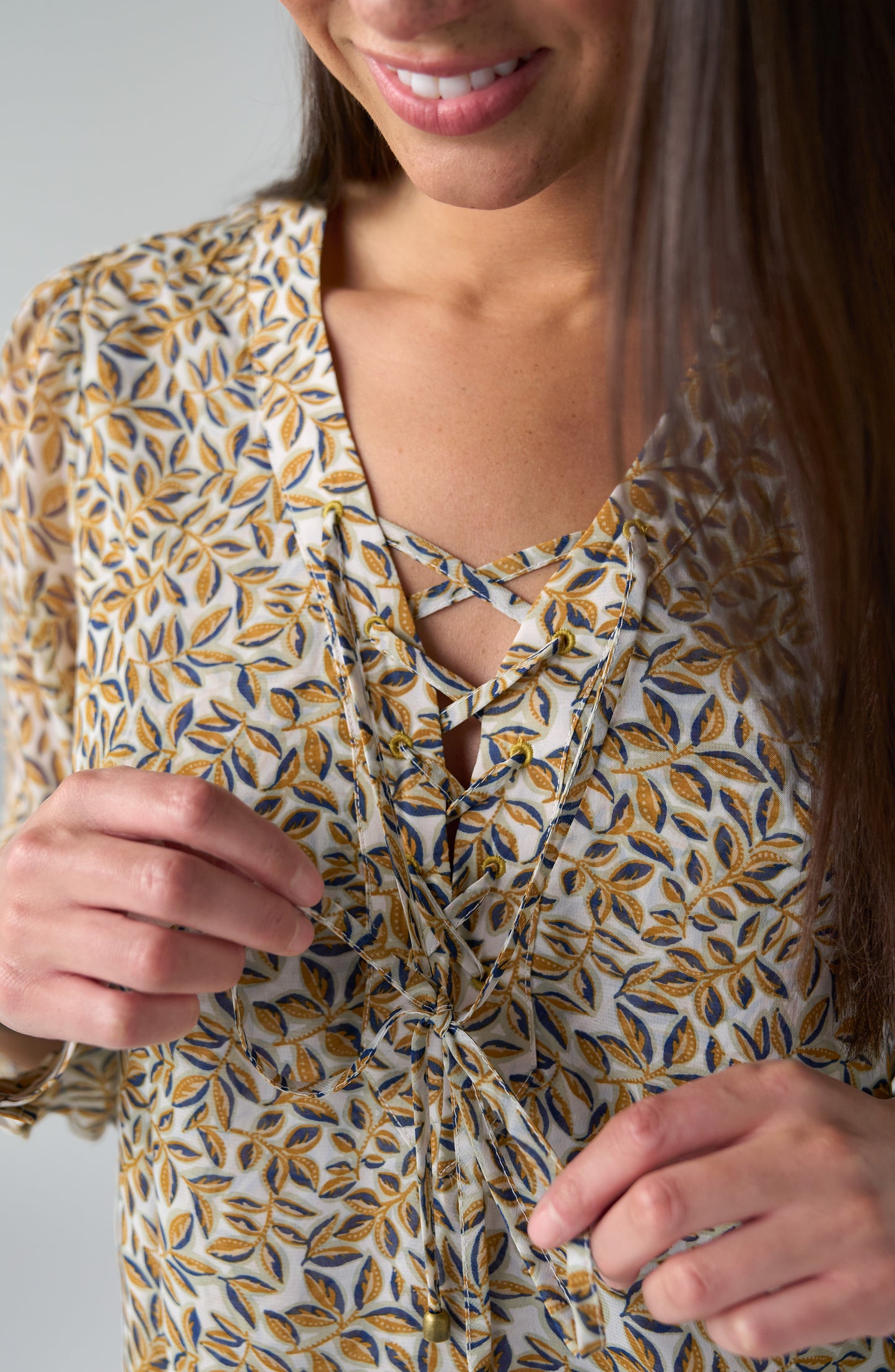 Liverpool Long Sleeve Lace Up Front Woven Blouse