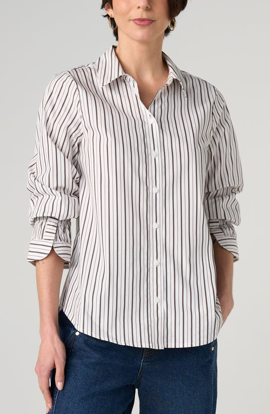 Liverpool Adjustable Sleeve Button Front Woven Top (Cream w/ Dark Espresso Stripe)