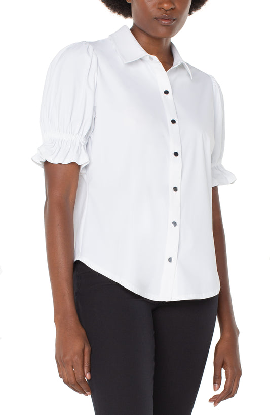 Liverpool Elbow Puff Sleeve Snap Front Knit Shirt (White)