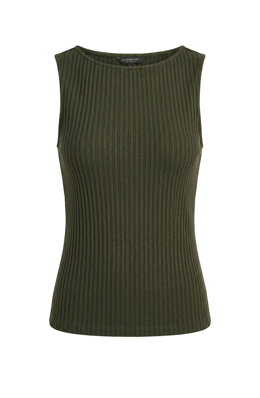 Liverpool Sleeveless High Boatneck Rib Knit Top (Hunter Green)