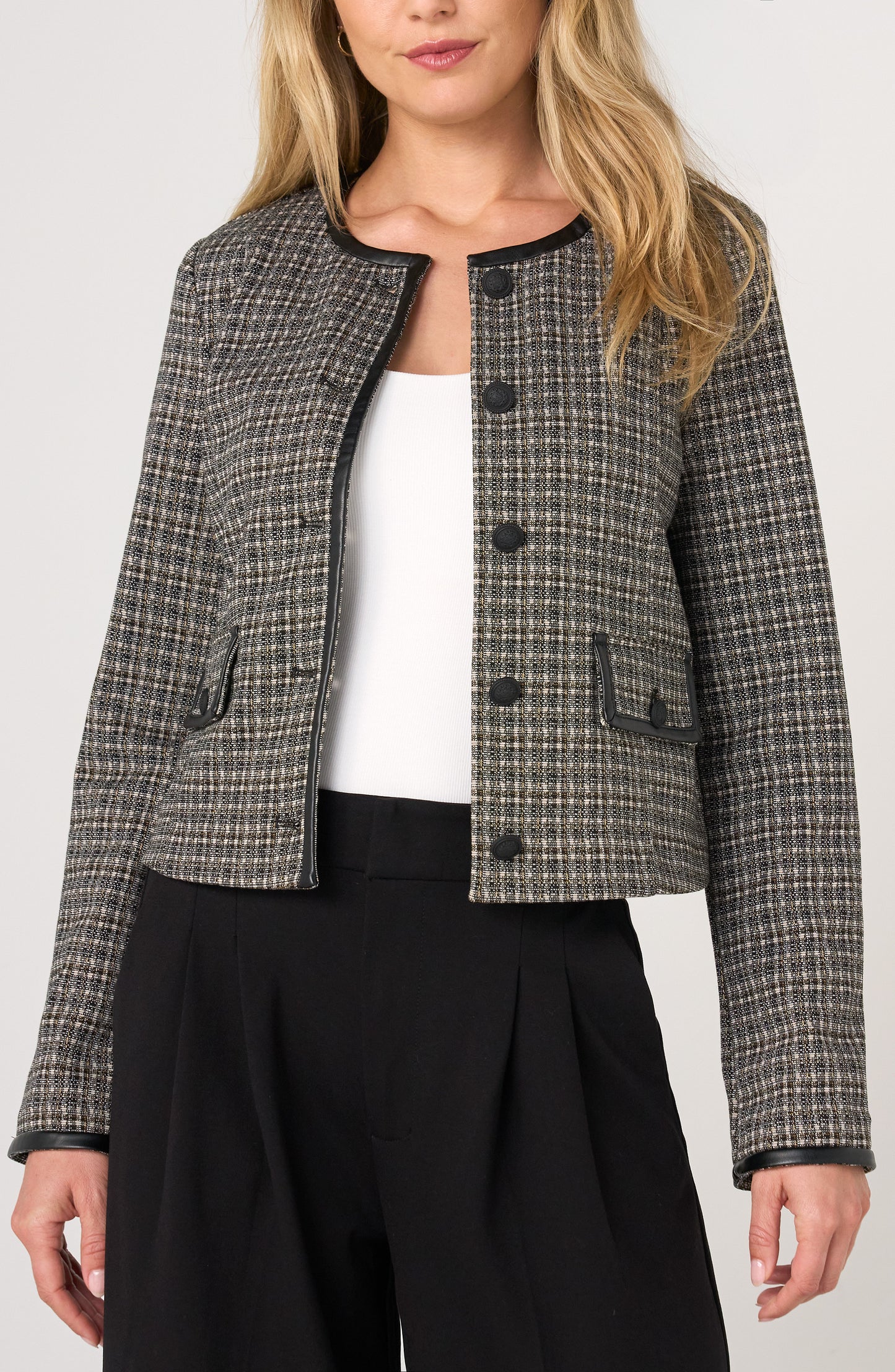 Liverpool Collarless Lady Jacket W/ Faux Leather Trim