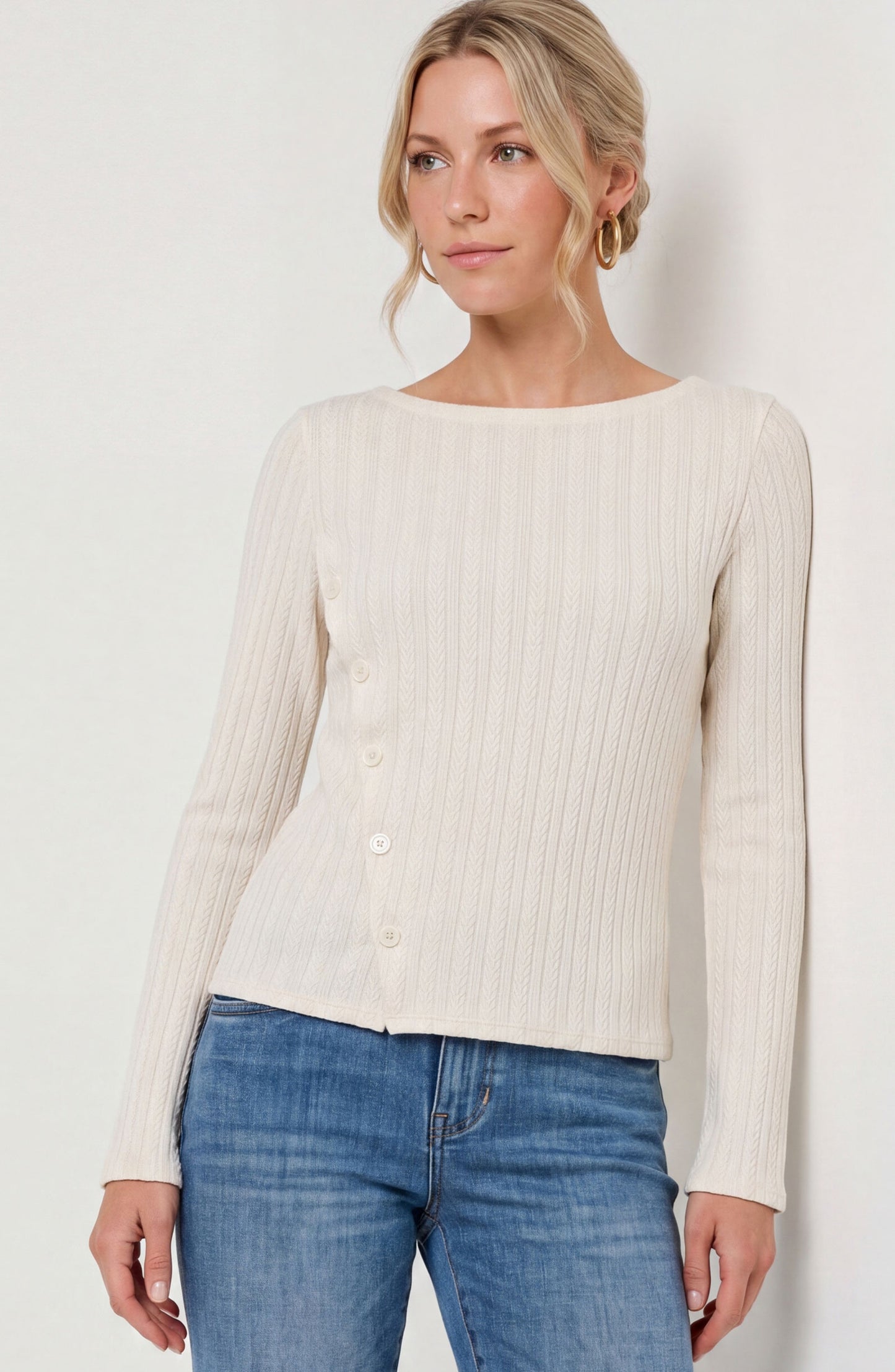 Liverpool Long Sleeve Boatneck Knit Top W/ Asymmetrical Button Placket