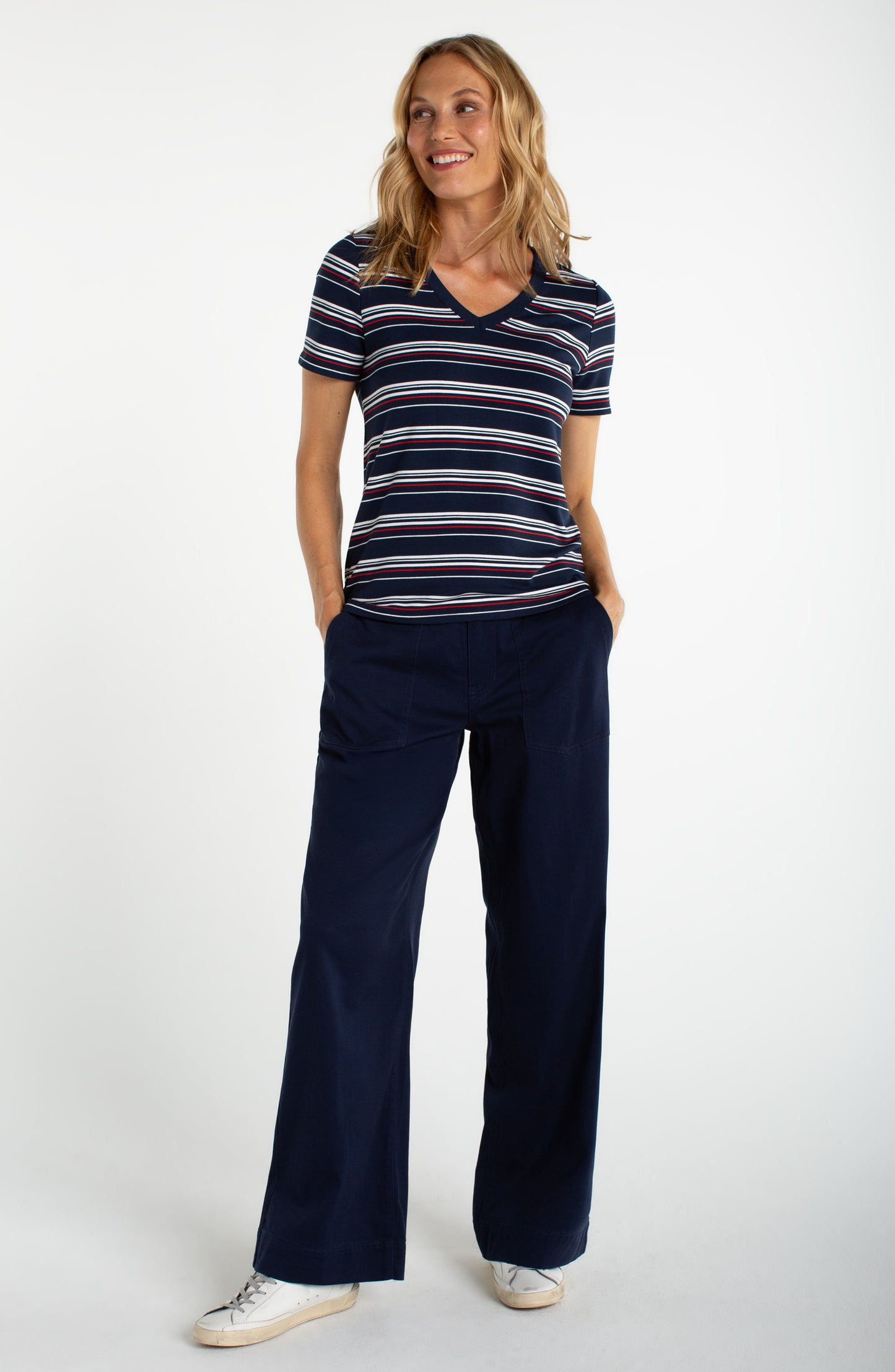 Liverpool Short Sleeve V-neck Knit Tee (Dark Navy White Fire Brick Stripe)