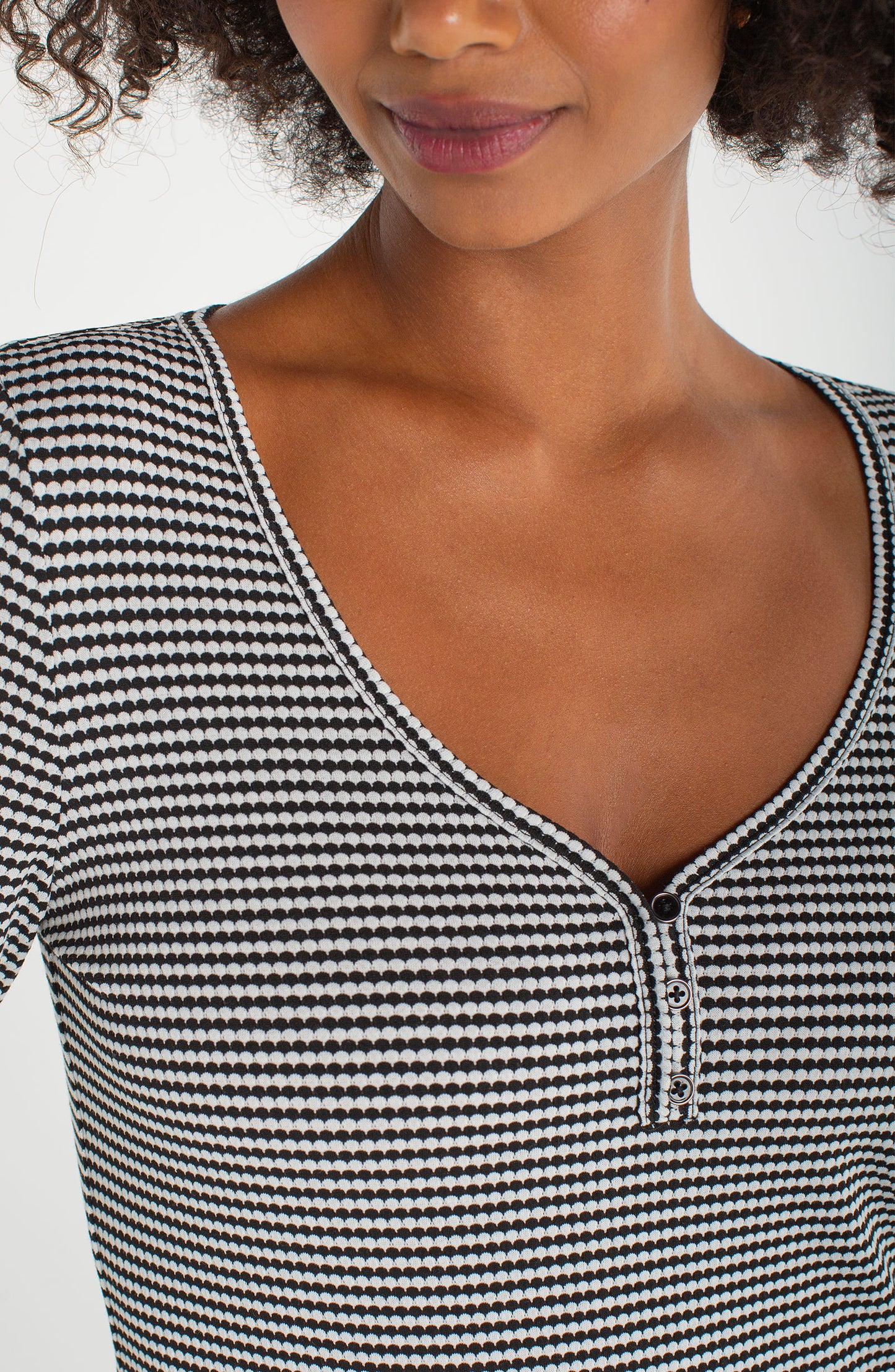 Liverpool 3/4 Button Sleeve Henly Knit Top (Black and White Stripes)