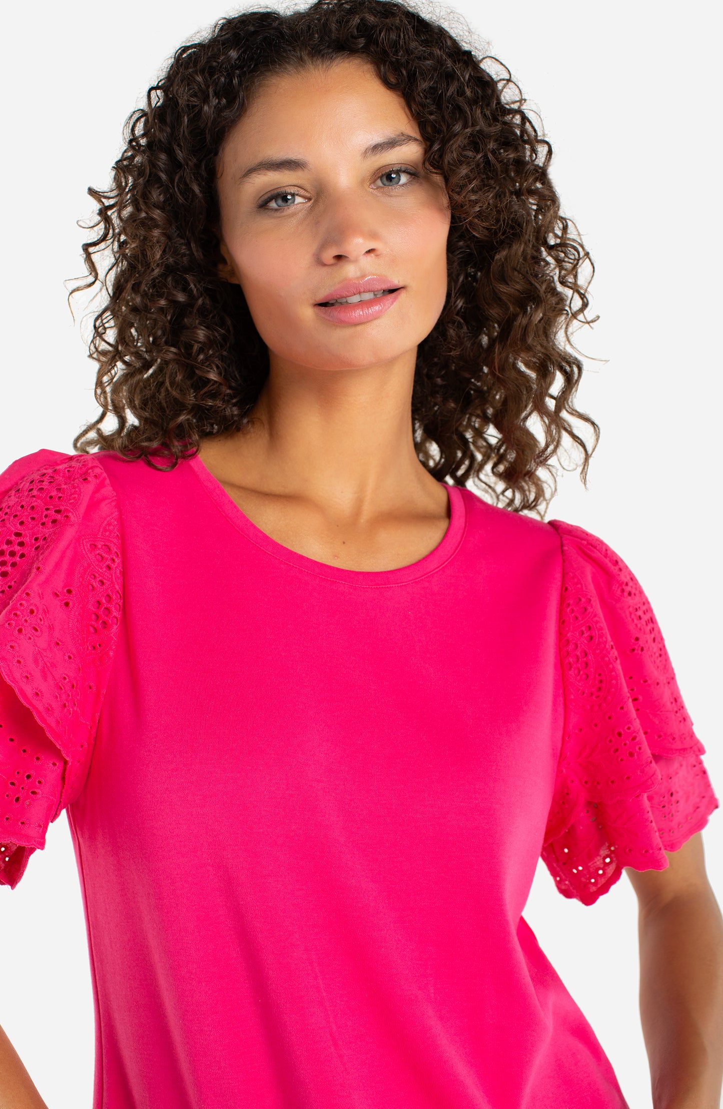 Liverpool Short Sleeve Knit-to-Woven Top w/ Embroidery (Diva Pink)