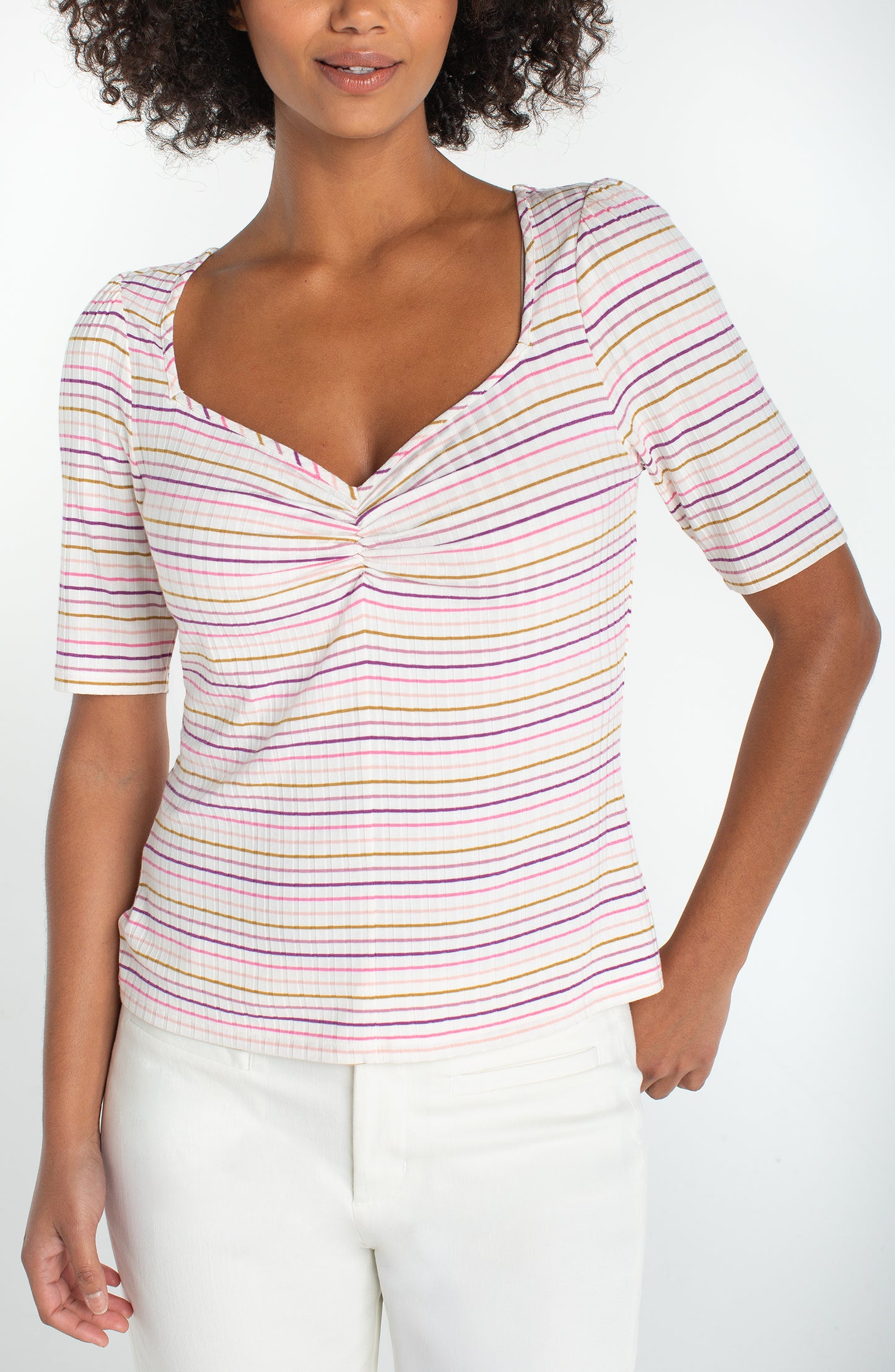 Liverpool 1/2 Sleeve Sweetheart Knit Top (Cream Pink Stripe)