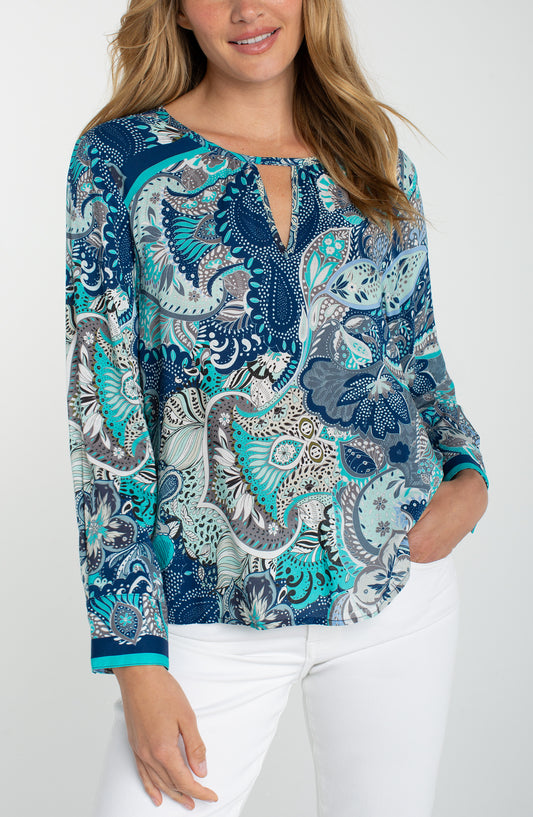 Liverpool Long Sleeve Woven Top w/ Keyhole Neckline (Aqua Blue Multi)