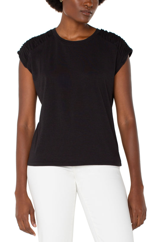 Liverpool Smocked Shoulder Scoop Neck Raglan Knit Top (Black)