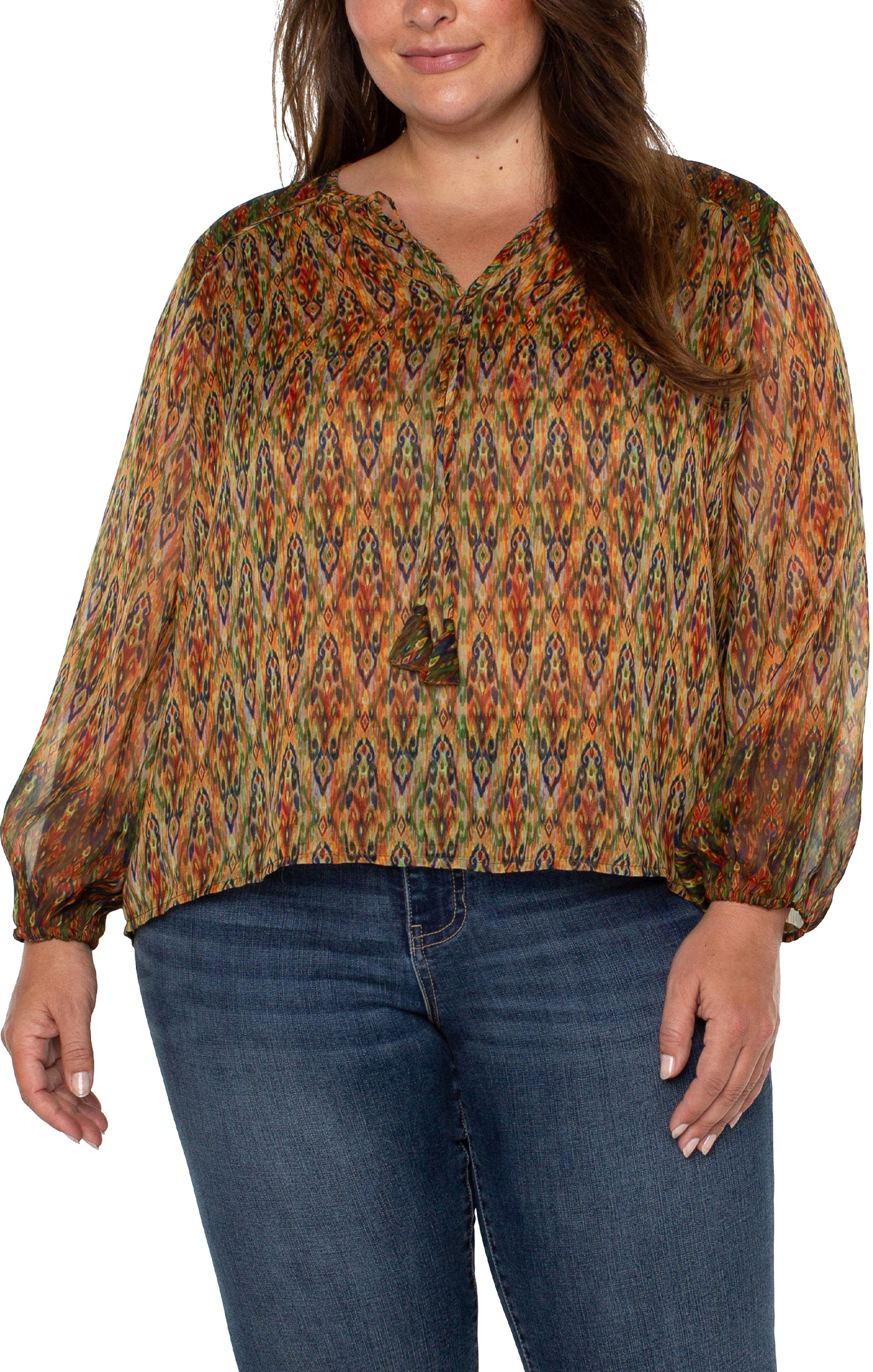 Liverpool Plus Size Long Sleeve Double Layer Tie Front Woven Blouse