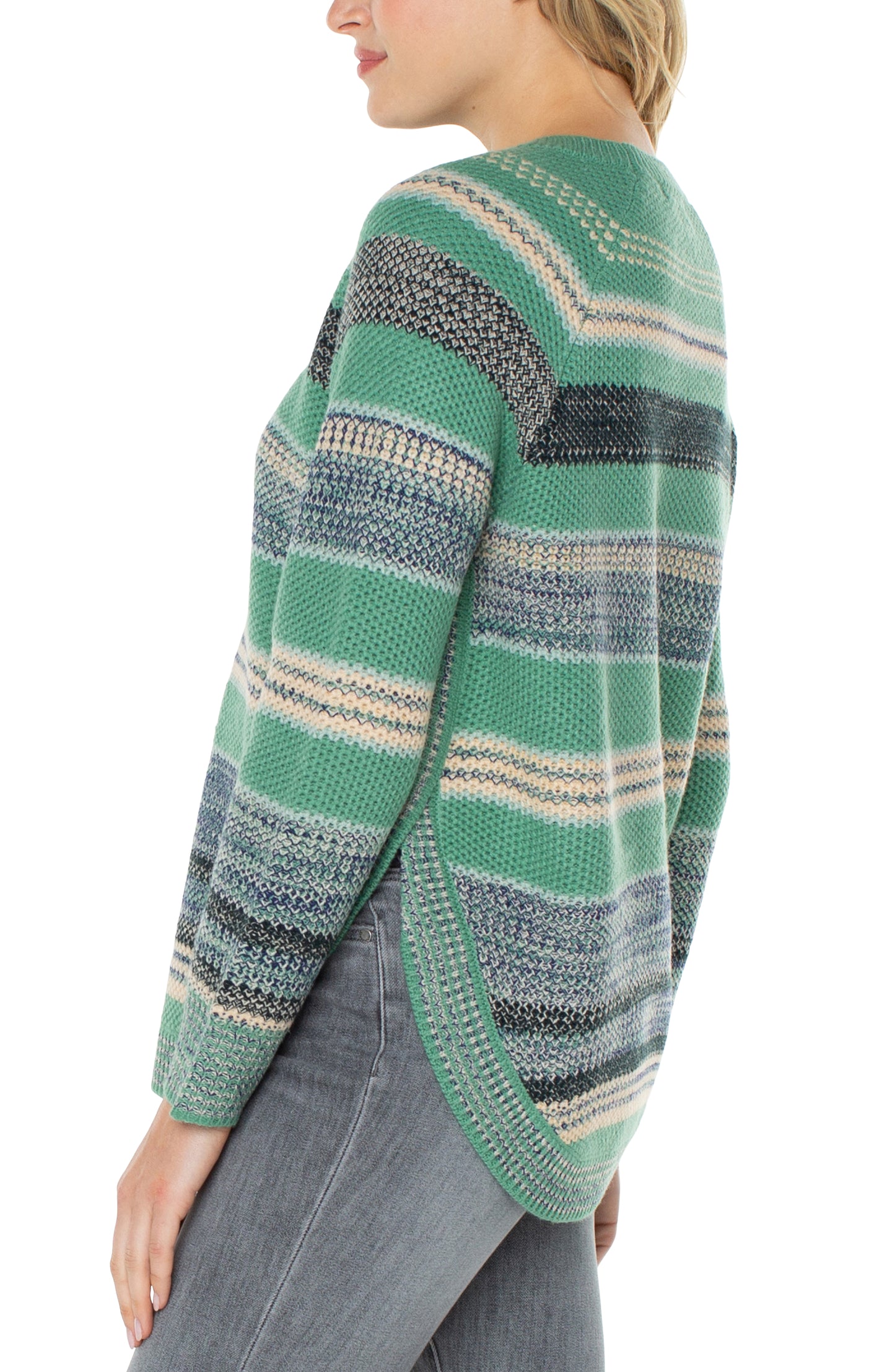 Liverpool Raglan Sweater w/ Rounded Hem (Emerald Multi Stripe)