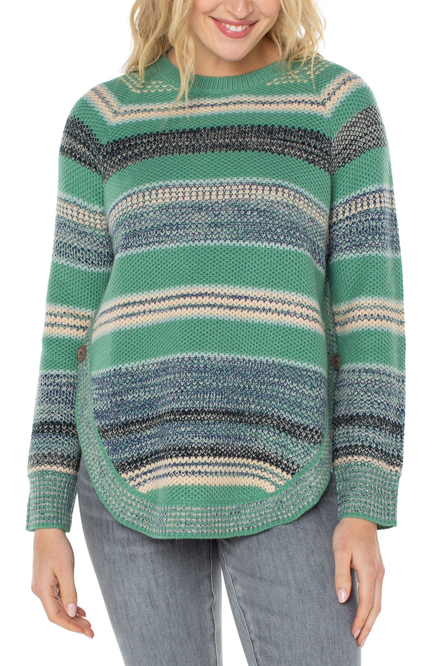 Liverpool Raglan Sweater w/ Rounded Hem (Emerald Multi Stripe)