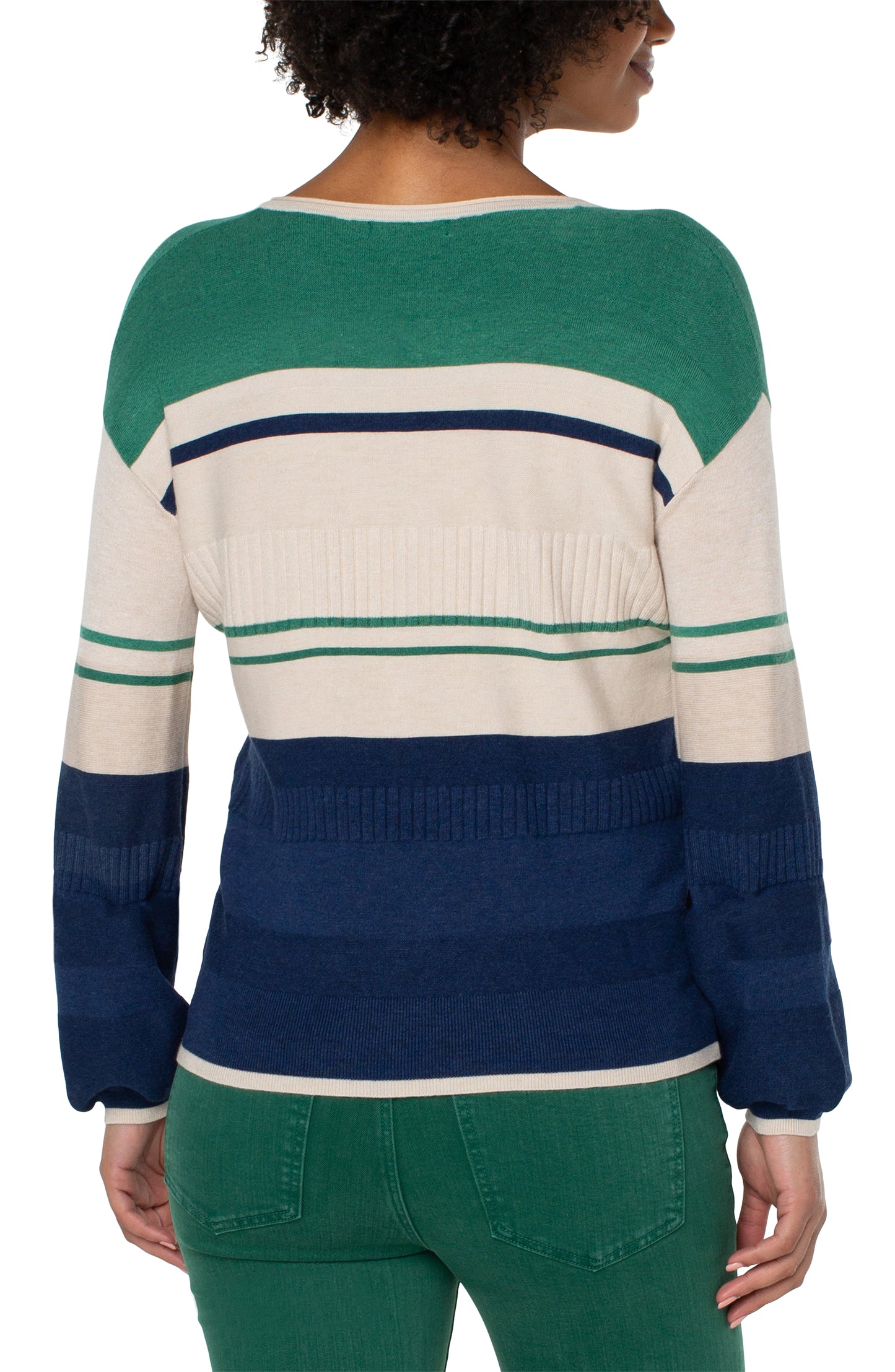 Liverpool V Neck Blouson Sweater w/Colorblocking (Emerald Blue Combo)