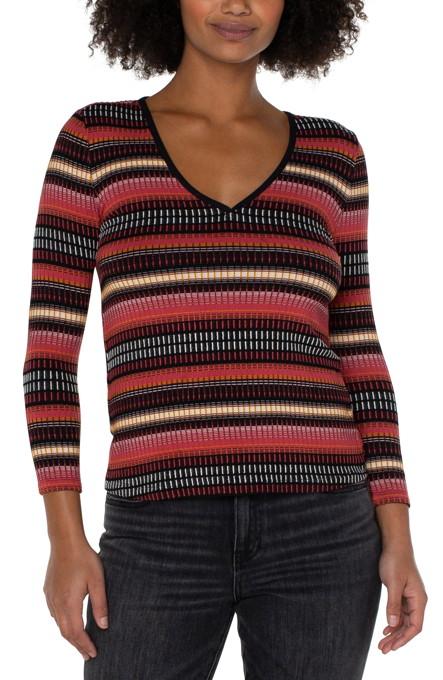 Liverpool 3/4 Sleeve V Neck Knit Top w/Contrast (multi color abstract stripe)